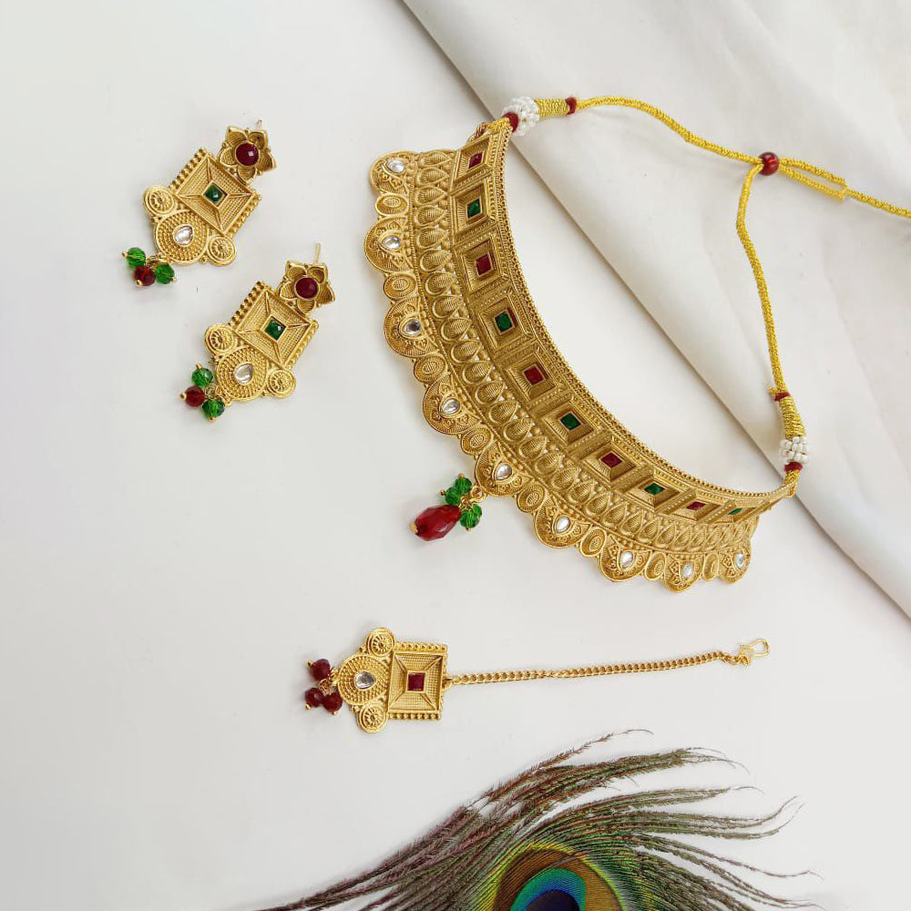 Exquisite Gold-Plated Choker Set with Intricate Floral Motifs and Colorful Enamel Work