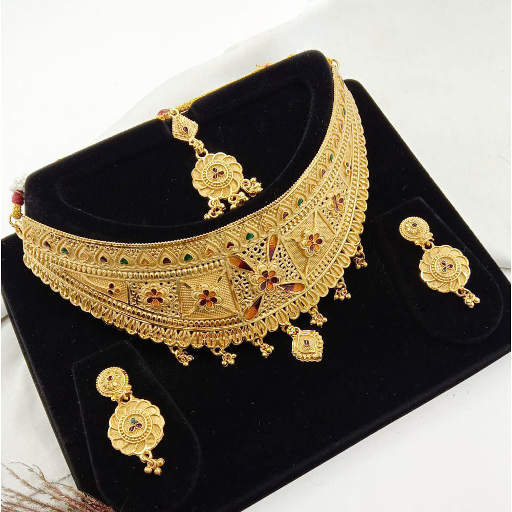 Exquisite Gold-Plated Choker Set with Intricate Floral Motifs and Colorful Enamel Work