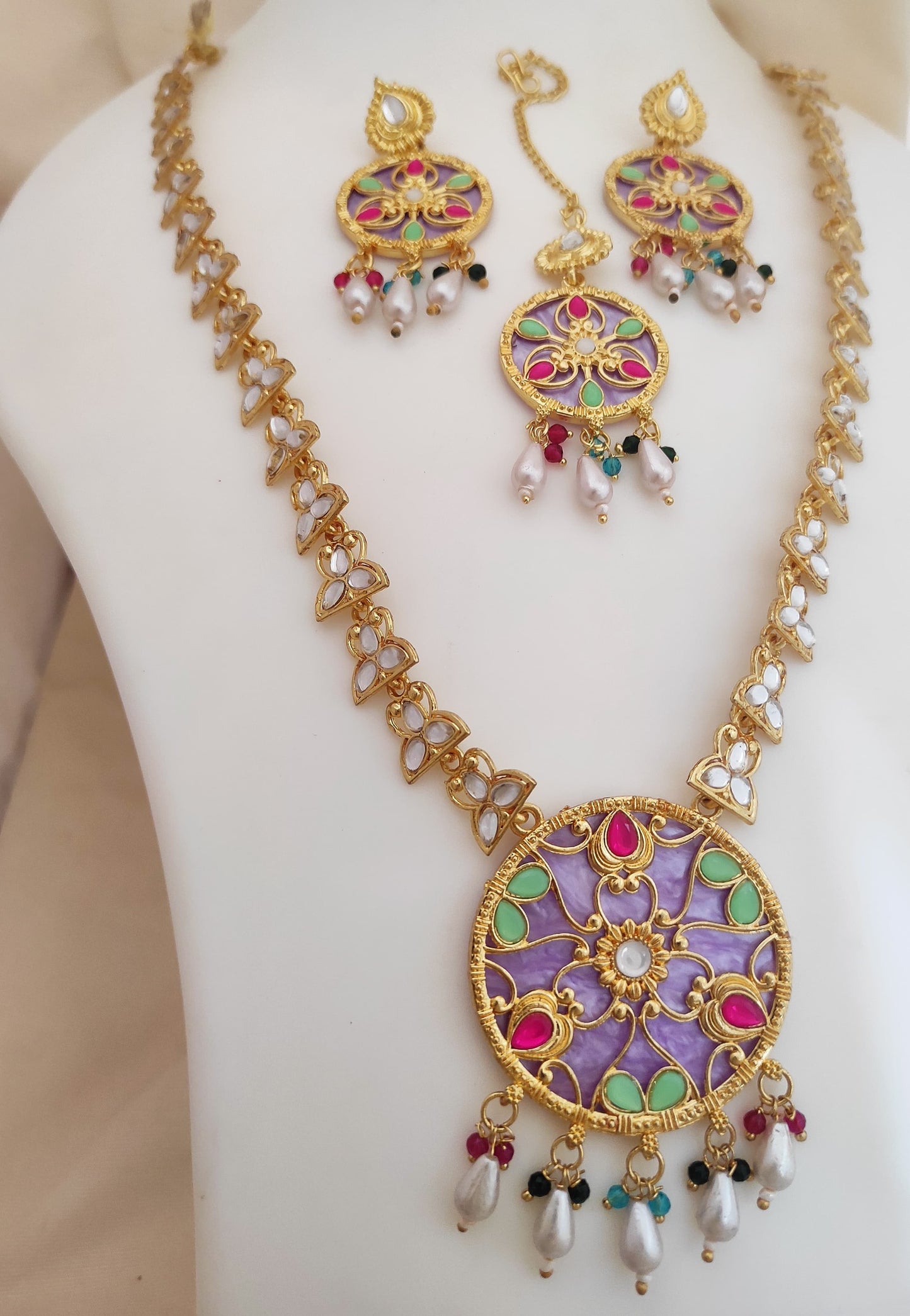 Intricate Gold-Plated Meenakari Necklace and Earrings