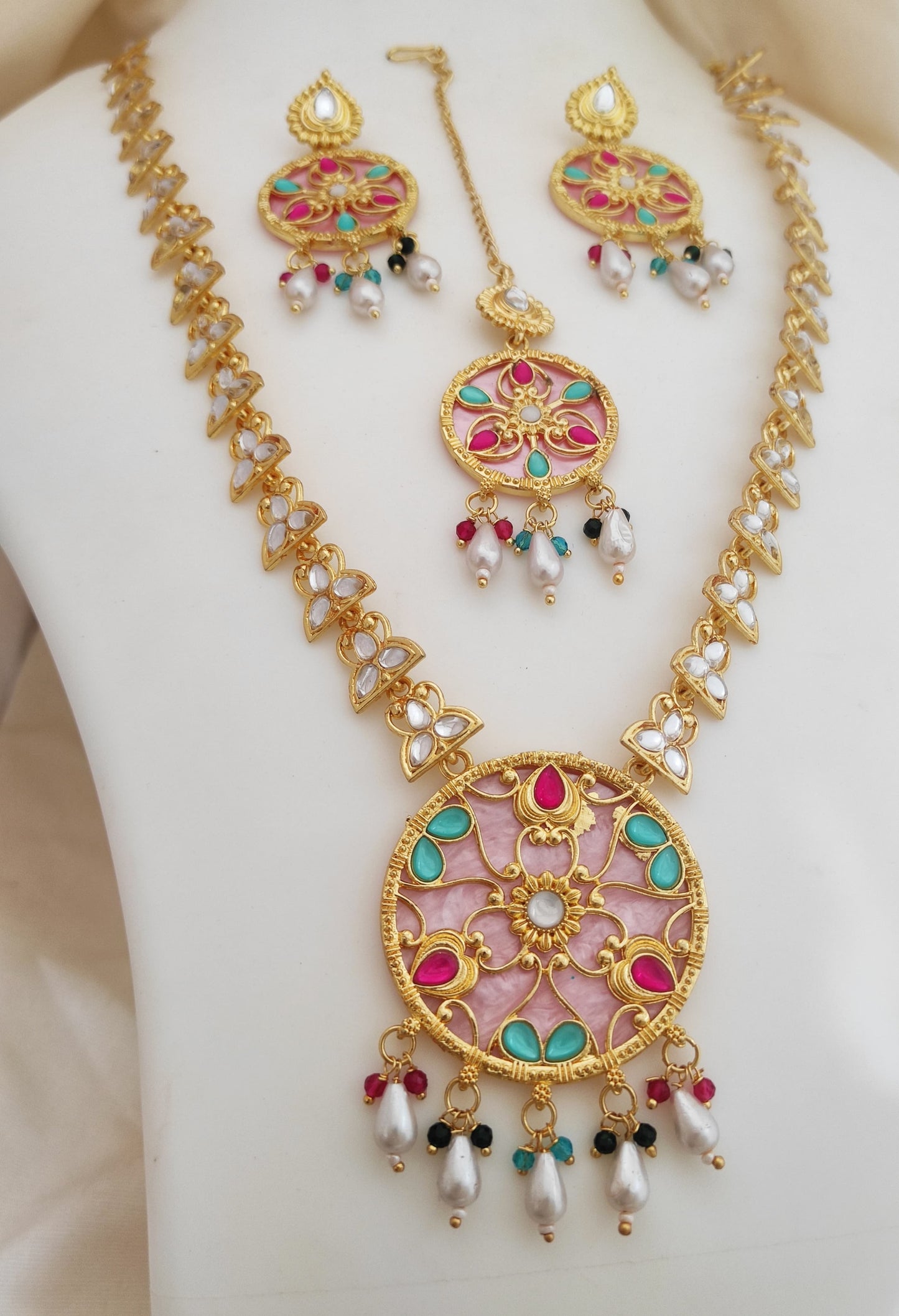 Intricate Gold-Plated Meenakari Necklace and Earrings